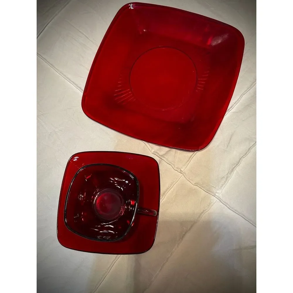 Vintage Anchor Hocking Royal Ruby Charm 4 place Set Square LIKE NEW 50's-60's